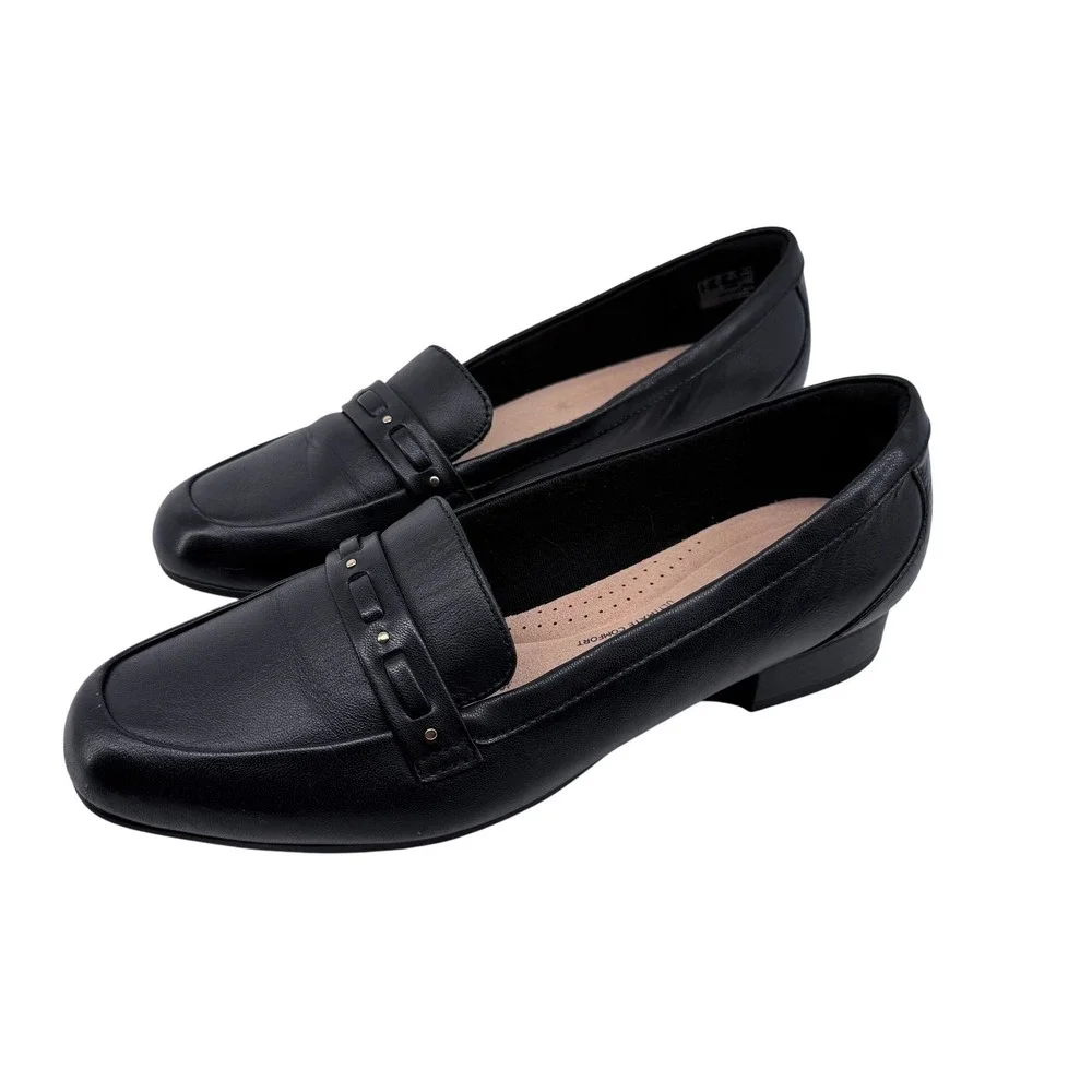 Clarks Collection Loafers Womens 8.5 Black Leather Square Toe Block Heel Classic